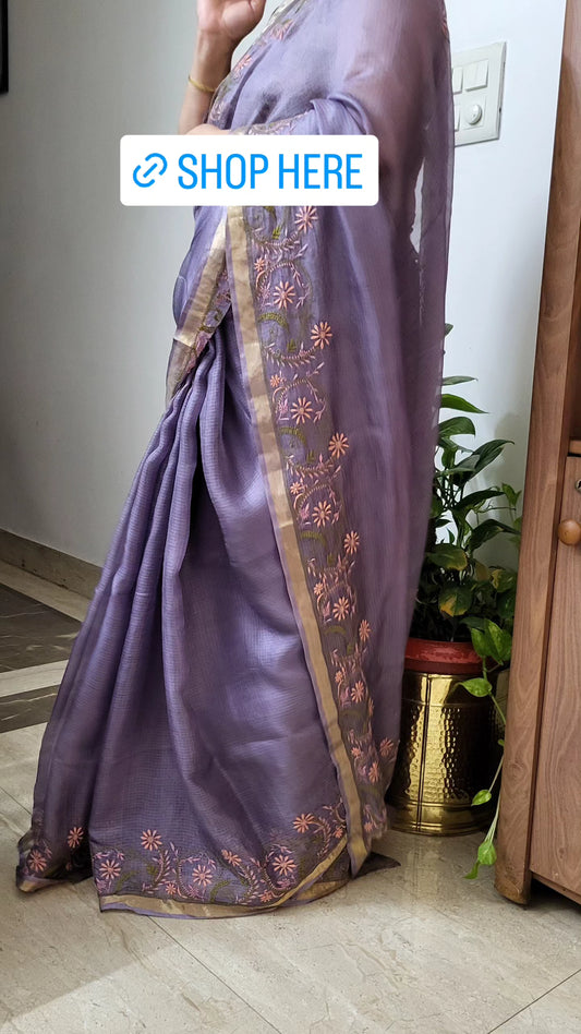 Kota Silk Chikankari Saree with Golden Border (Dark lavender)