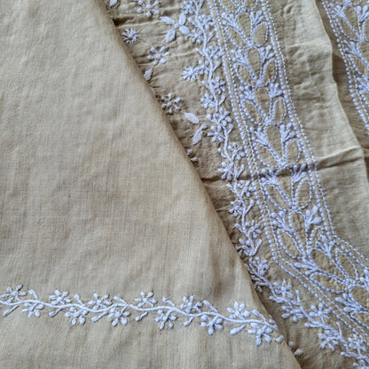 Moonga Silk Mens Chikankari Kurta Fabric with all over embroidery (dyeable )