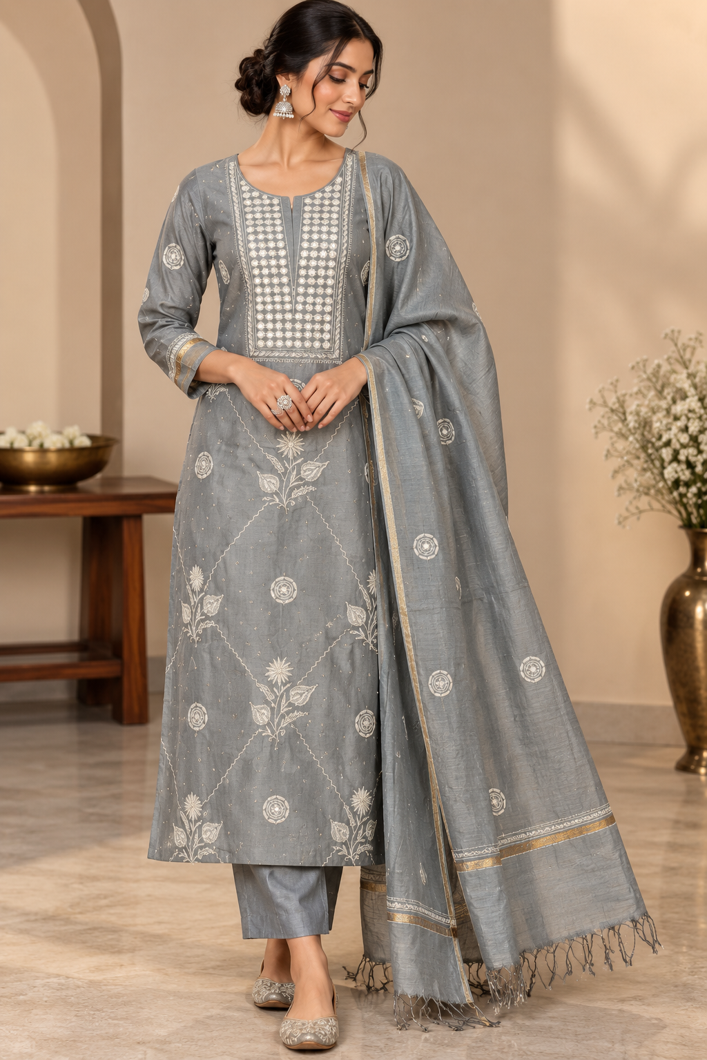 Kurta Dupatta Fabric | Chanderi Silk | Grey