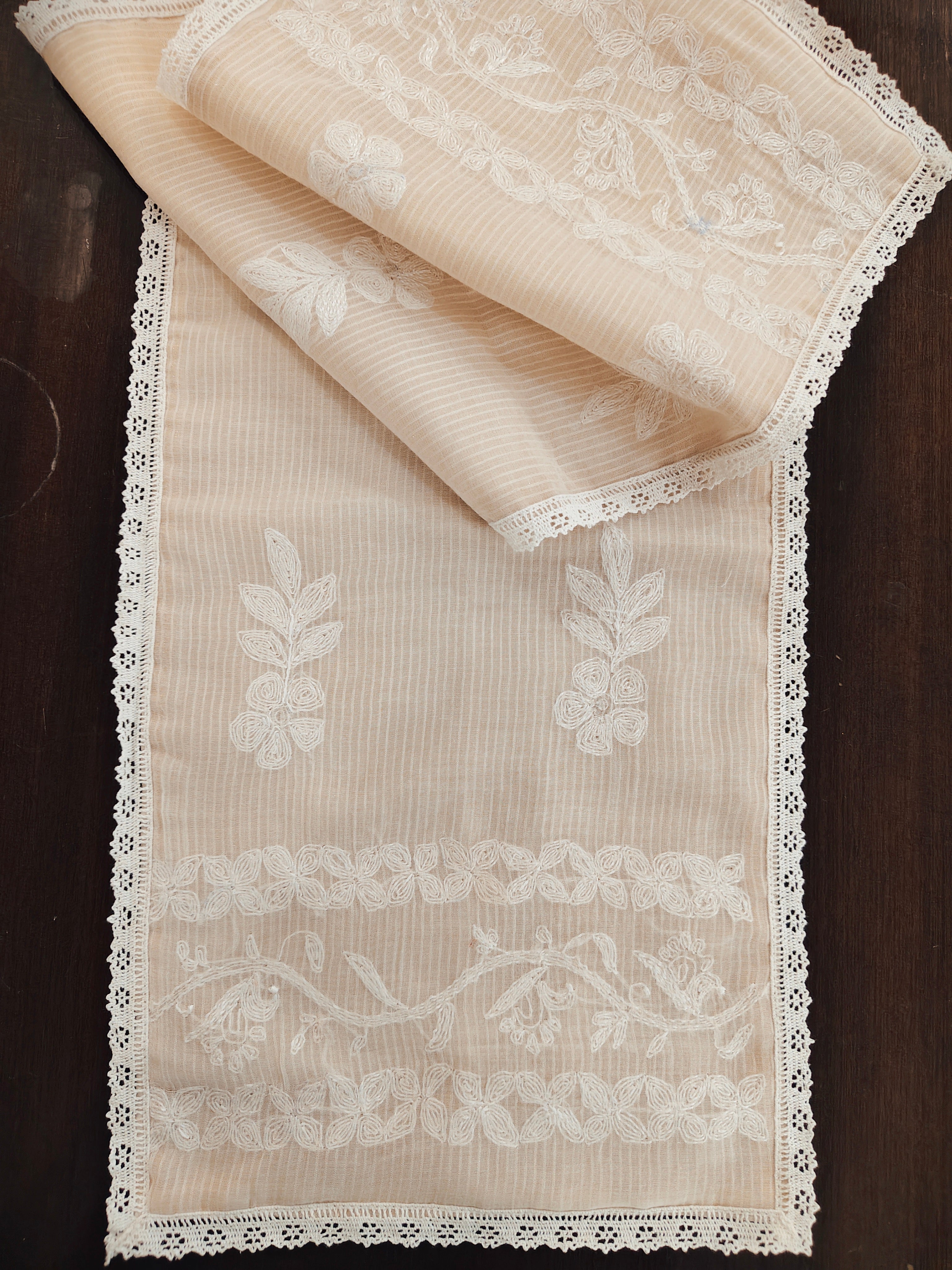 Mul Chanderi Off white Chikankari Table Runner with lace