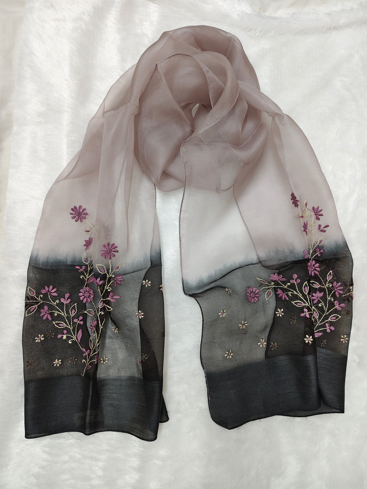 Plum Black | Organza Moonga Silk | Ombre Chikankari Stole