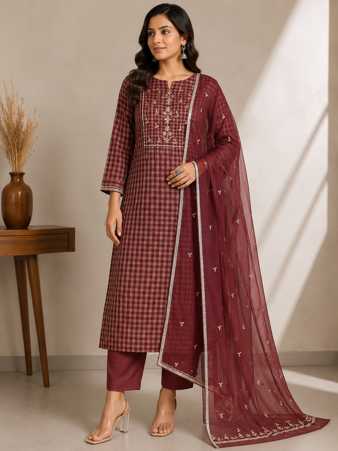 Unstitched Kurta Dupatta Fabric | Chanderi Tissue | Maroon