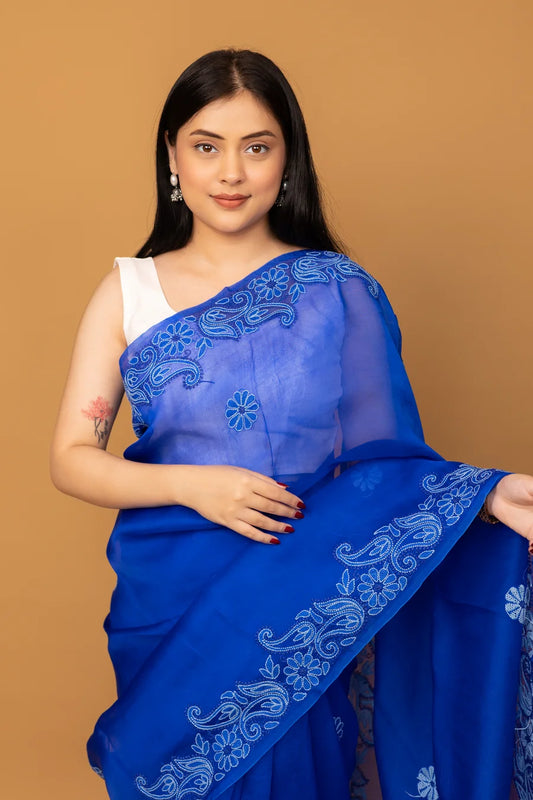 Royal Blue Cotton Saree Full View with Embroidered Border