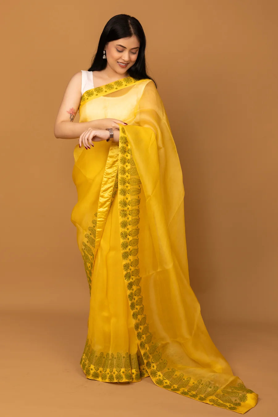Bright Yellow Cotton Saree with Traditional Floral Border and Matching Blouse