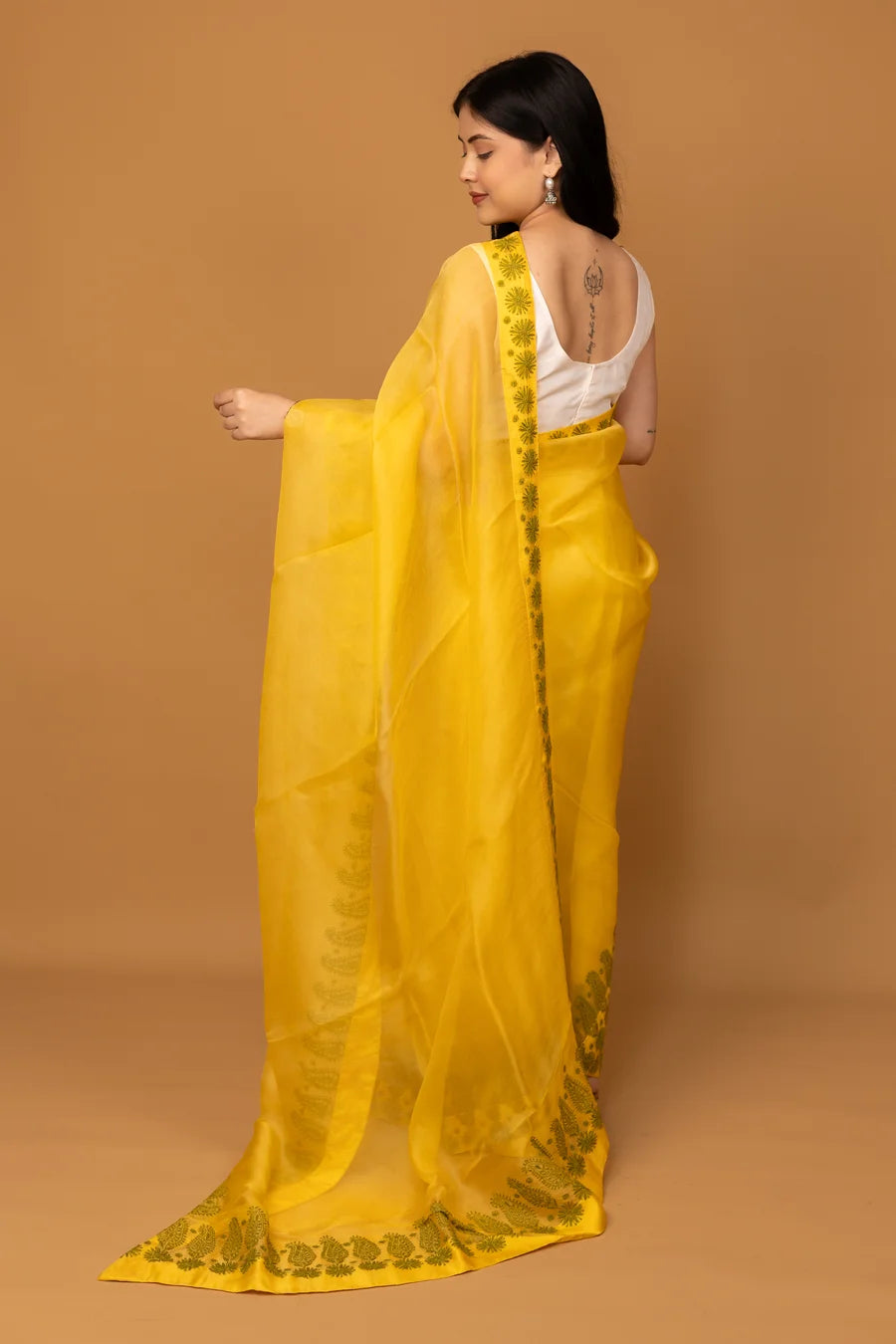 Bright Yellow Cotton Saree with Traditional Floral Border and Matching Blouse