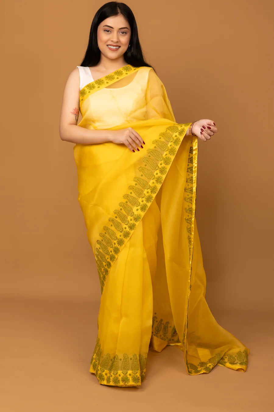 Bright Yellow Cotton Saree with Traditional Floral Border and Matching Blouse
