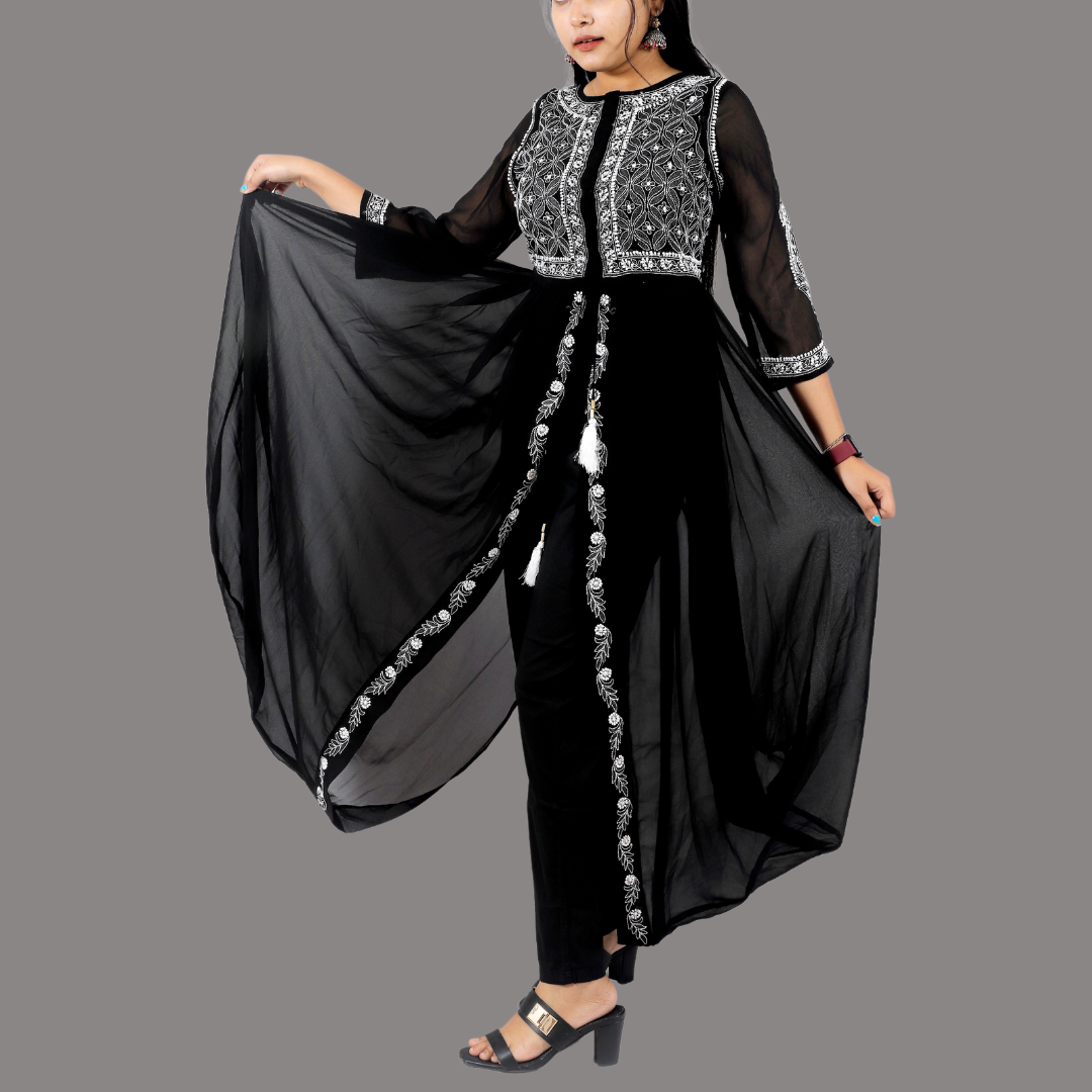 Georgette Chikankari Harem Dress (Black)