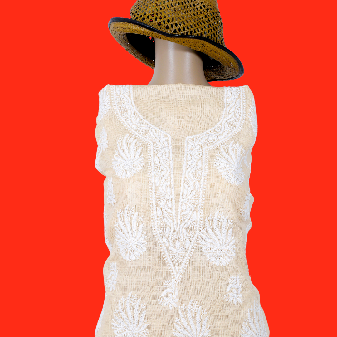 Kota Cotton Chikankari Kurta Fabric (Beige)