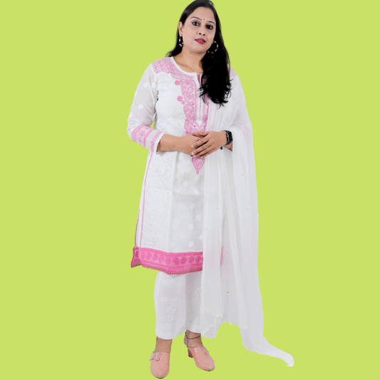 Cotton Chikankari Kurta with Pink Embroidery (White)