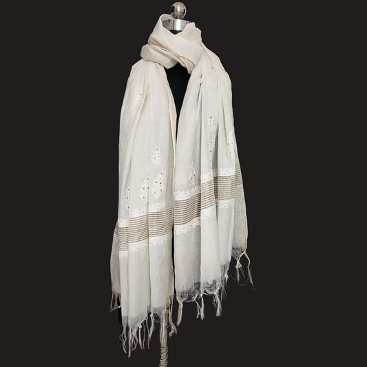 Chanderi Cotton Chikankari Dupatta with Badla (Off White)