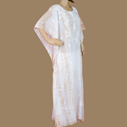 Crush Cotton Tie & Dye Chikankari Kaftan (Beige & White)