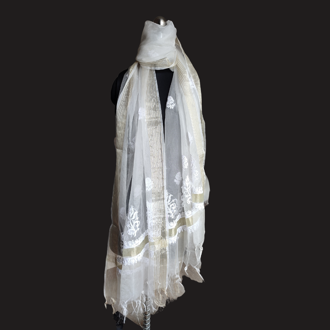 Organza Chikankari Dupatta with Badla (White)