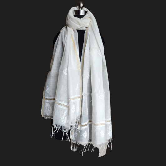 Chanderi Cotton Chikankari Dupatta (Off white)