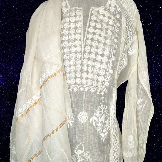 Mul Chanderi Semi Stitch Chikankari Staright Kurta fabric-Dyeable (White)