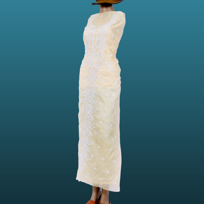 Kota Cotton Chikankari Kurta Fabric (Beige)