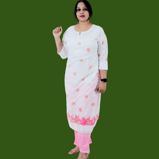 Cotton Embossed Chikankari Kurta with Pink print (White)
