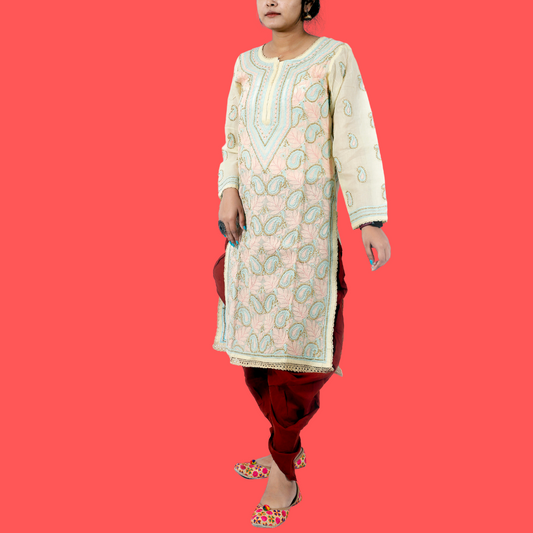 Cotton Chikankari Short Kurti with Multicolor thread (Beige Yellow)