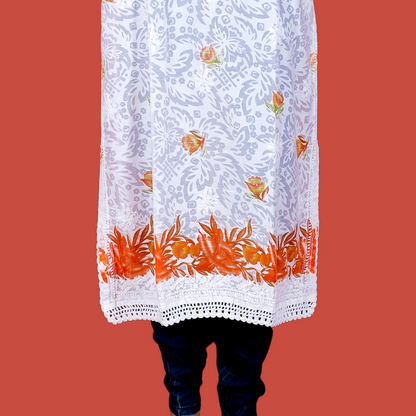 Cotton Embossed Chikankari Kurta with Orange print (White)