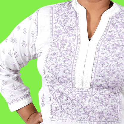 Cotton Chikankari kurta with Purple embroidery (White)
