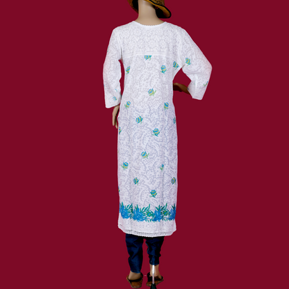 Cotton Embossed Chikankari Kurta with Blue print (White)