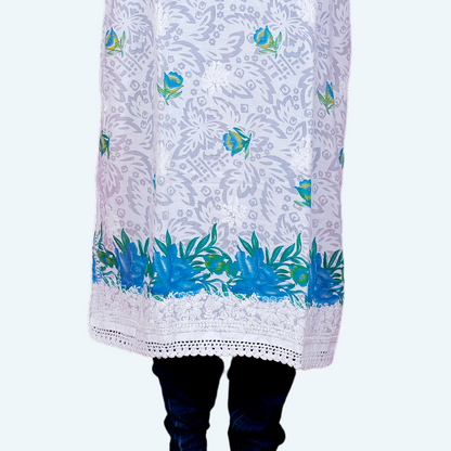 Cotton Embossed Chikankari Kurta with Blue print (White)