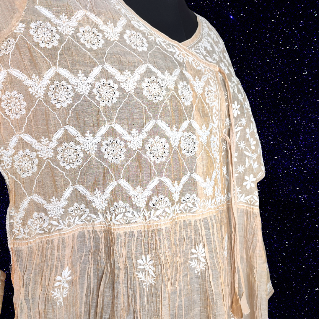 Chanderi Tissue Pure Silk Semi Stitch Chikankari Angarkha Kurta fabric and Dupatta-Dyeable