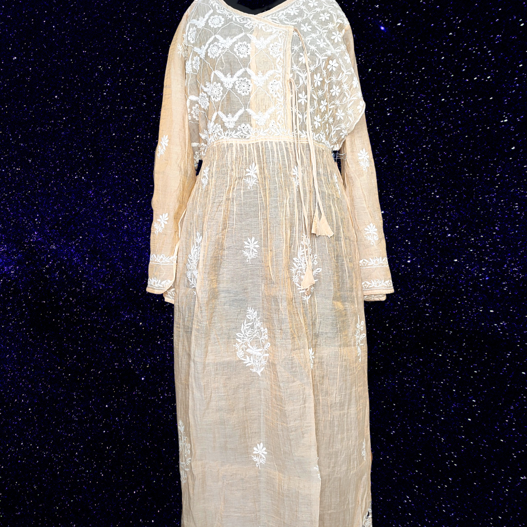 Chanderi Tissue Pure Silk Semi Stitch Chikankari Angarkha Kurta fabric and Dupatta-Dyeable