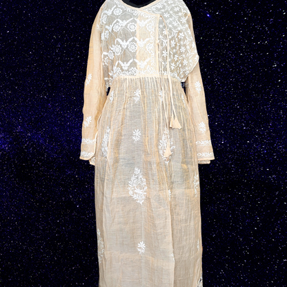 Chanderi Tissue Pure Silk Semi Stitch Chikankari Angarkha Kurta fabric and Dupatta-Dyeable