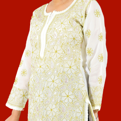 Cotton Chikankari Kurta with Gotapatti (Lime Yellow)