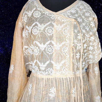 Chanderi Tissue Pure Silk Semi Stitch Chikankari Angarkha Kurta fabric and Dupatta-Dyeable