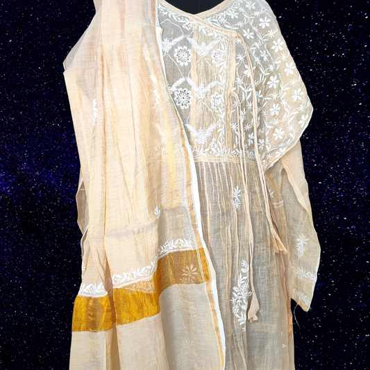 Chanderi Tissue Pure Silk Semi Stitch Chikankari Angarkha Kurta fabric and Dupatta-Dyeable