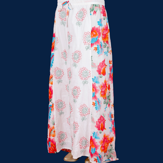 Cotton Chikankari Skirt with colorful print (White)