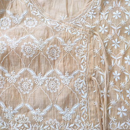 Chanderi Tissue Pure Silk Semi Stitch Chikankari Angarkha Kurta fabric and Dupatta-Dyeable