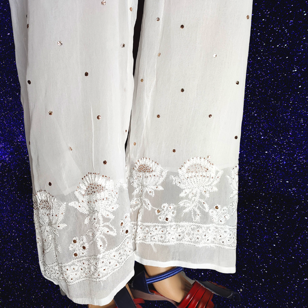 Viscose Georgette Chikankari Straight Palazzo with Badla -Dyeable (White) Fits till XL