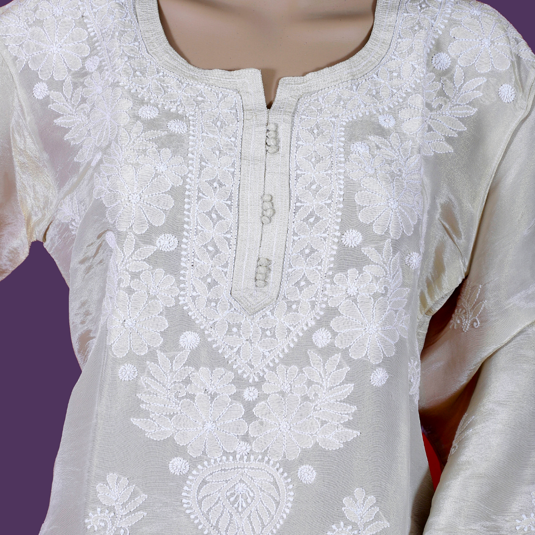 Tissue Chikankari Kurta-Dyeable (Beige)