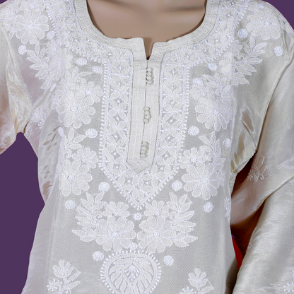 Tissue Chikankari Kurta-Dyeable (Beige)