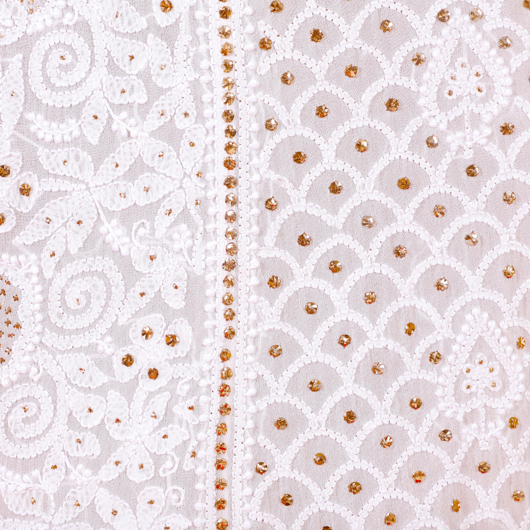 Pure Georgette Chikankari Ghera/ Lehenga Fabric with Badla-Dyeable (Off White)