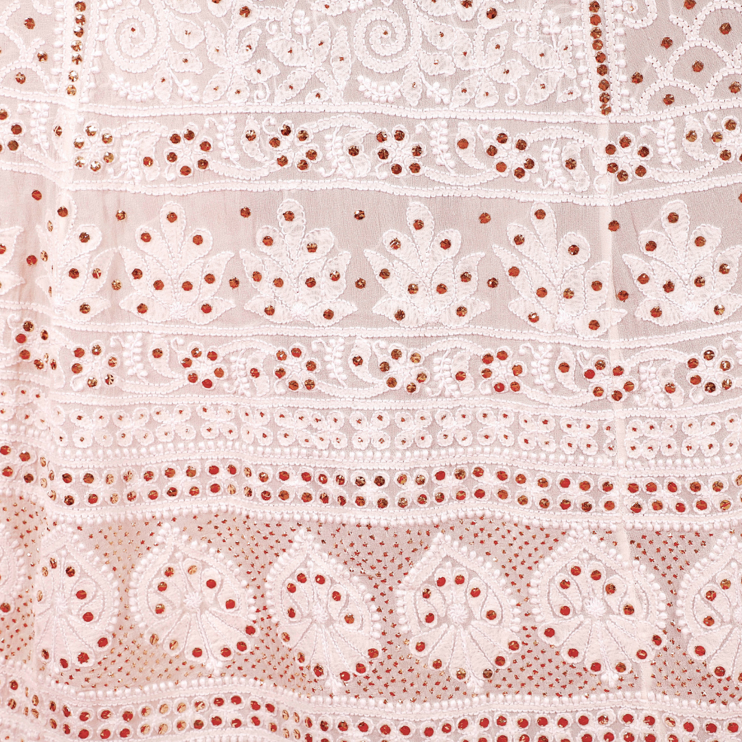 Pure Georgette Chikankari Ghera/ Lehenga Fabric with Badla-Dyeable (Off White)