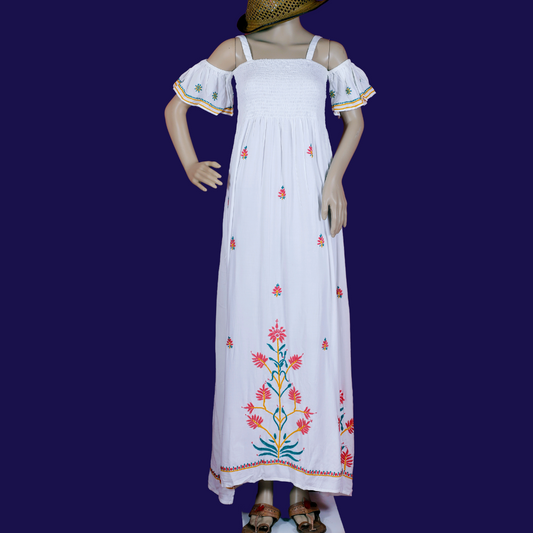 Rayon Chikankari Off Shoulder Dress with short sleeves (White)