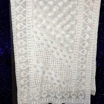 Viscose Georgette All Over Chikankari Dupatta with Badla -Dyeable (White)