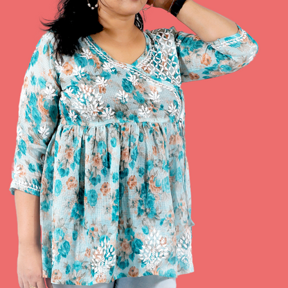 Kota Printed Chikankari Frock Top Angarkha Style (Rama Green)