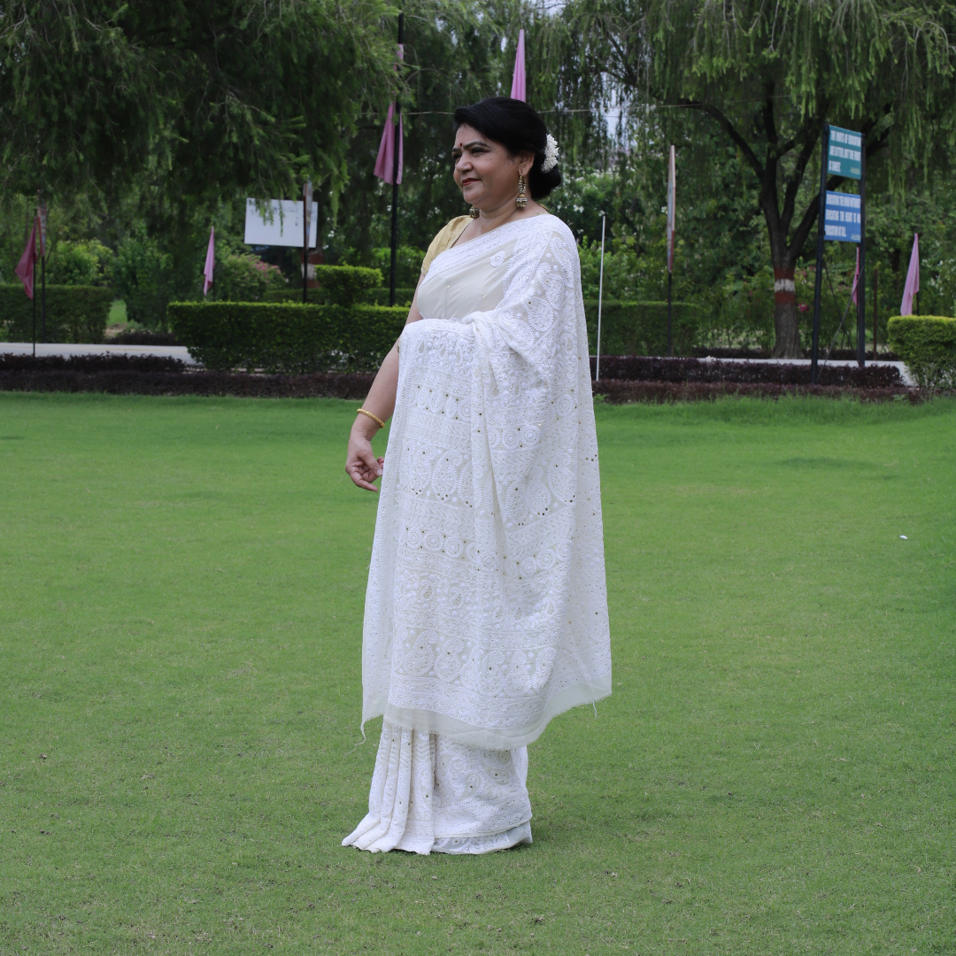 Pure Georgette Chikankari Skirt Saree with Badla-Dyeable (Off White )