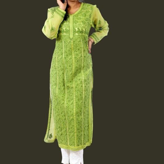 Cotton Chikankari Kurta with Sequence (Green)