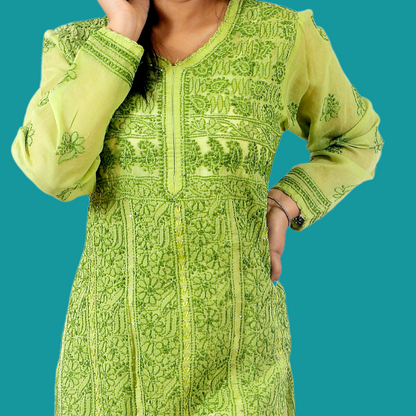 Cotton Chikankari Kurta with Sequence (Green)