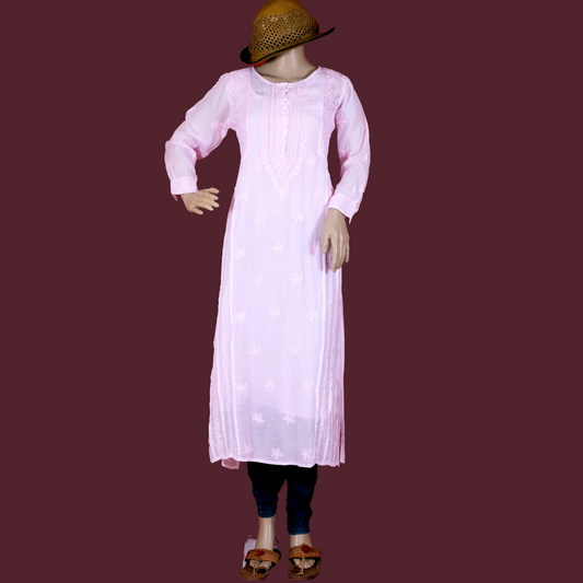 Muslin Side Block Chikankari Kurta with Slip (Pastel Pink)