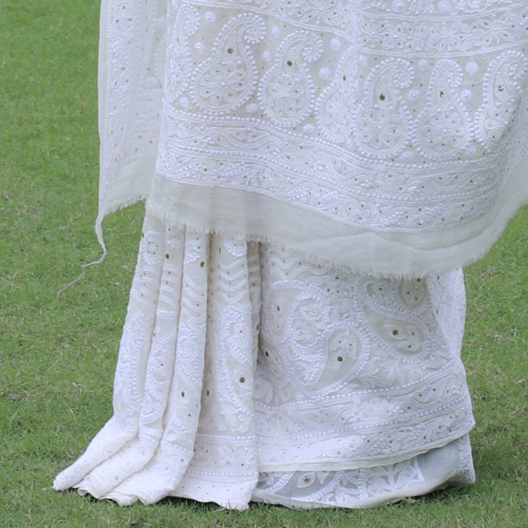 Pure Georgette Chikankari Skirt Saree with Badla-Dyeable (Off White )