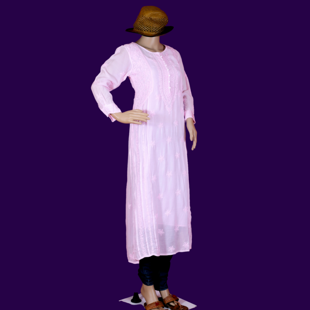 Muslin Side Block Chikankari Kurta with Slip (Pastel Pink)