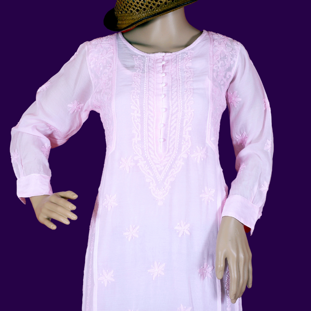 Muslin Side Block Chikankari Kurta with Slip (Pastel Pink)