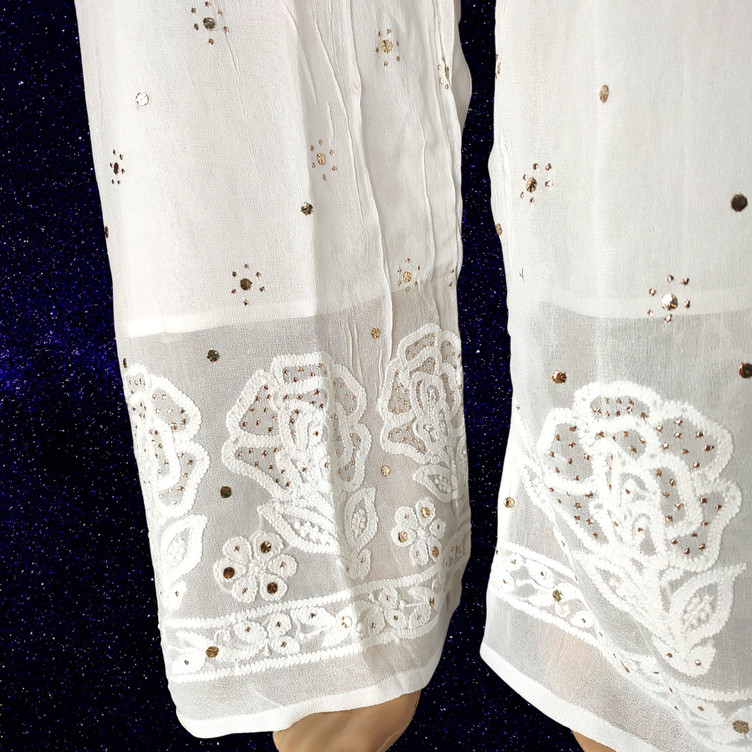 Viscose Georgette Chikankari Straight Palazzo with Badla -Dyeable (White) Fits till XL