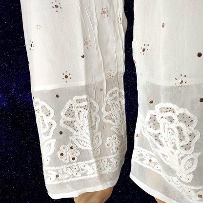 Viscose Georgette Chikankari Straight Palazzo with Badla -Dyeable (White)